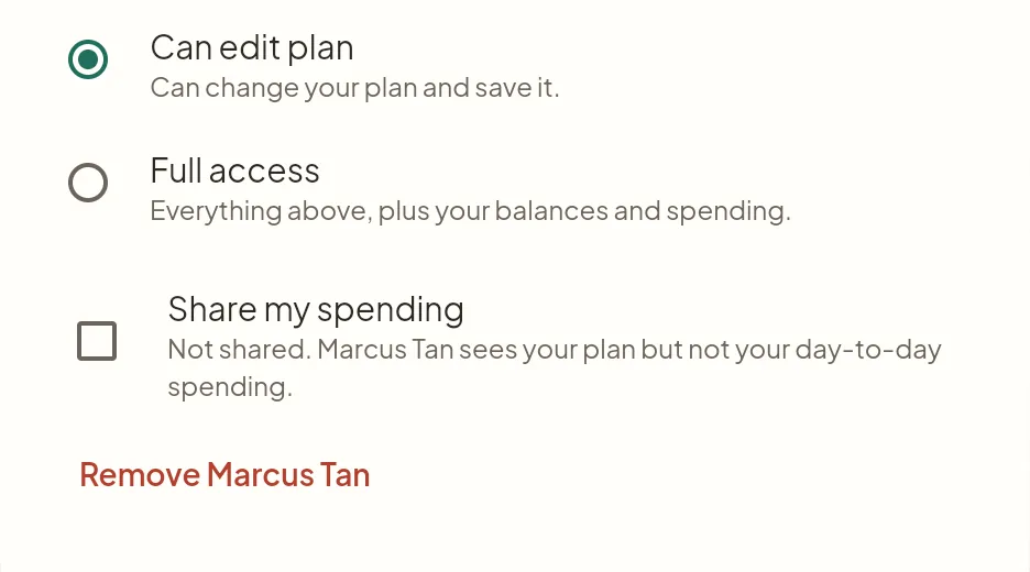 Part of the client's Advisor access dialog: Can edit plan selected, a Full access option, a Share my spending checkbox and a Remove Marcus Tan link
