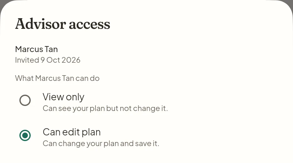 The client's Advisor access dialog for advisor Marcus Tan, with View only and Can edit plan options and Can edit plan selected
