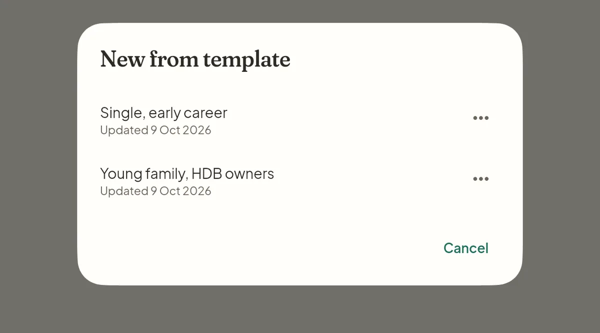 The New from template dialog listing two templates: Single, early career and Young family, HDB owners